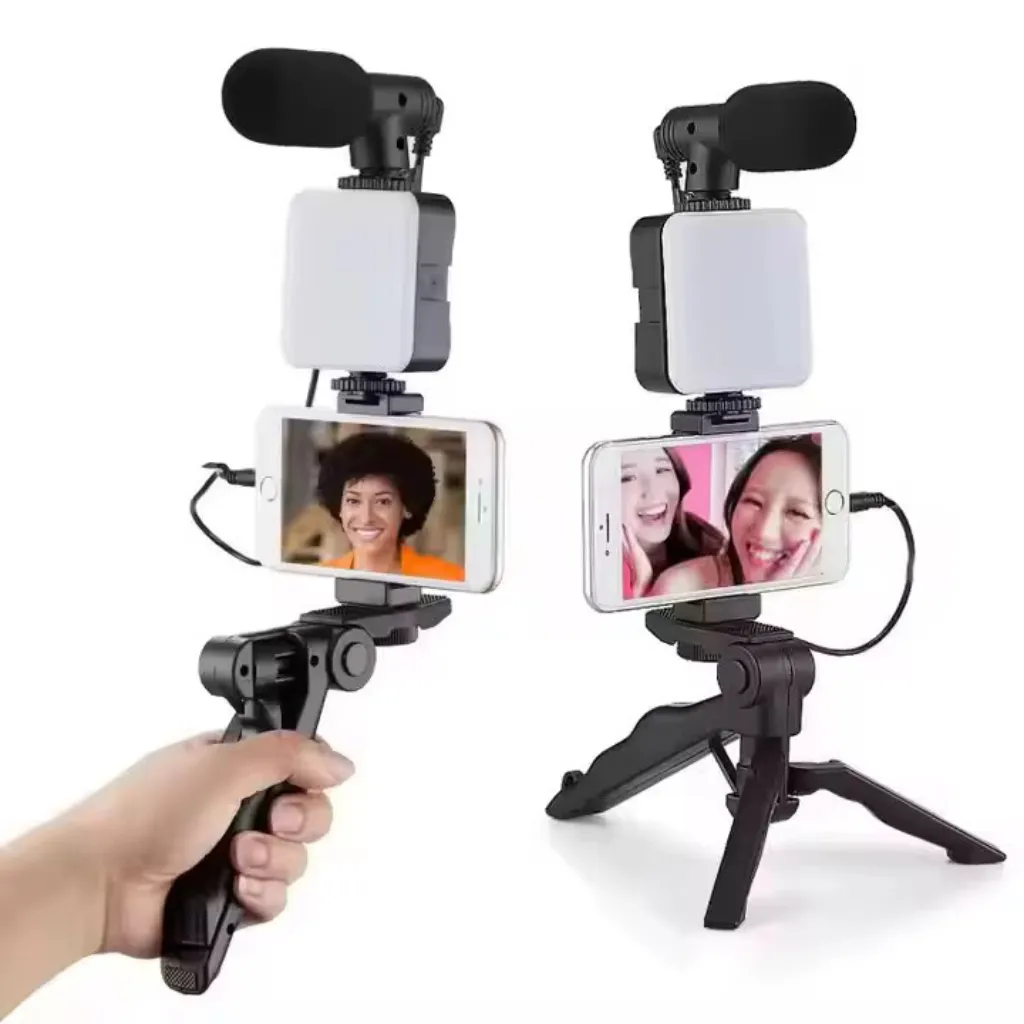 Kit de Vlogging Portátil — Tripé + Luz LED + Microfone